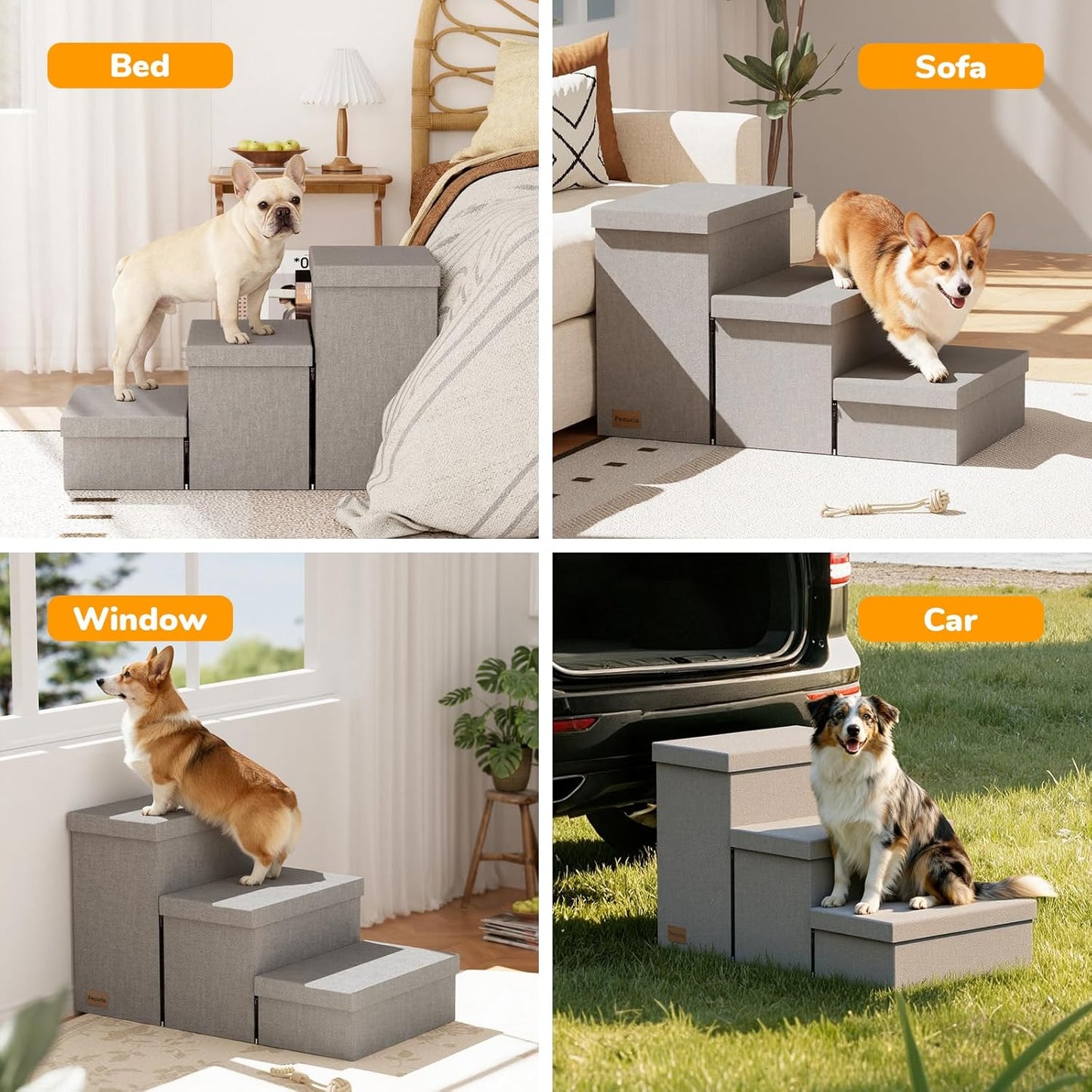 3-Step Wide Dog Stairs with Hidden Storage 18" H, Non-Slip Dog Steps for High Bed Couch Window Car, Jiont-Friendly Pet Stairs Ramp for Small/Medium/Large Old Dogs Cats Up to 200lbs, Grey