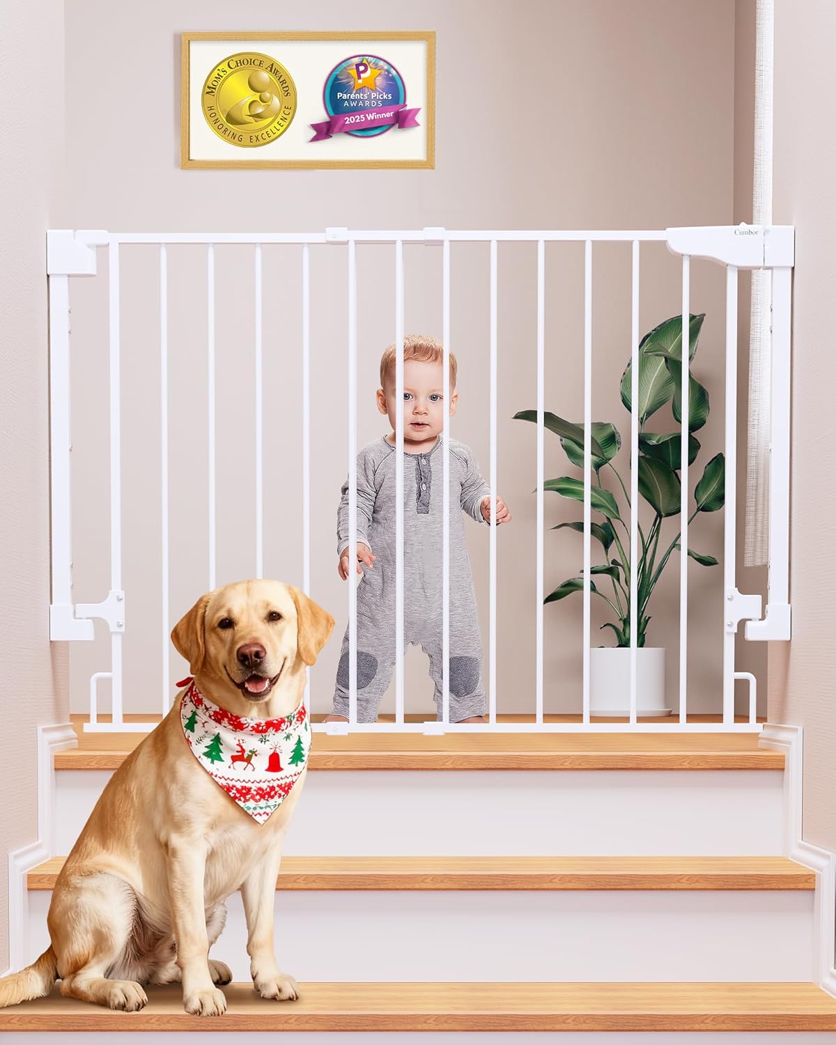 Cumbor 29.2–43" Baby Gate for Stairs, Hardware Mounted (Drill Required), Expandable No Bottom Bar Dog Gate, Auto Close Extra Wide Walk Thru, Pet & Toddler Proof Gate, Top & Bottom of Stairways(Black)