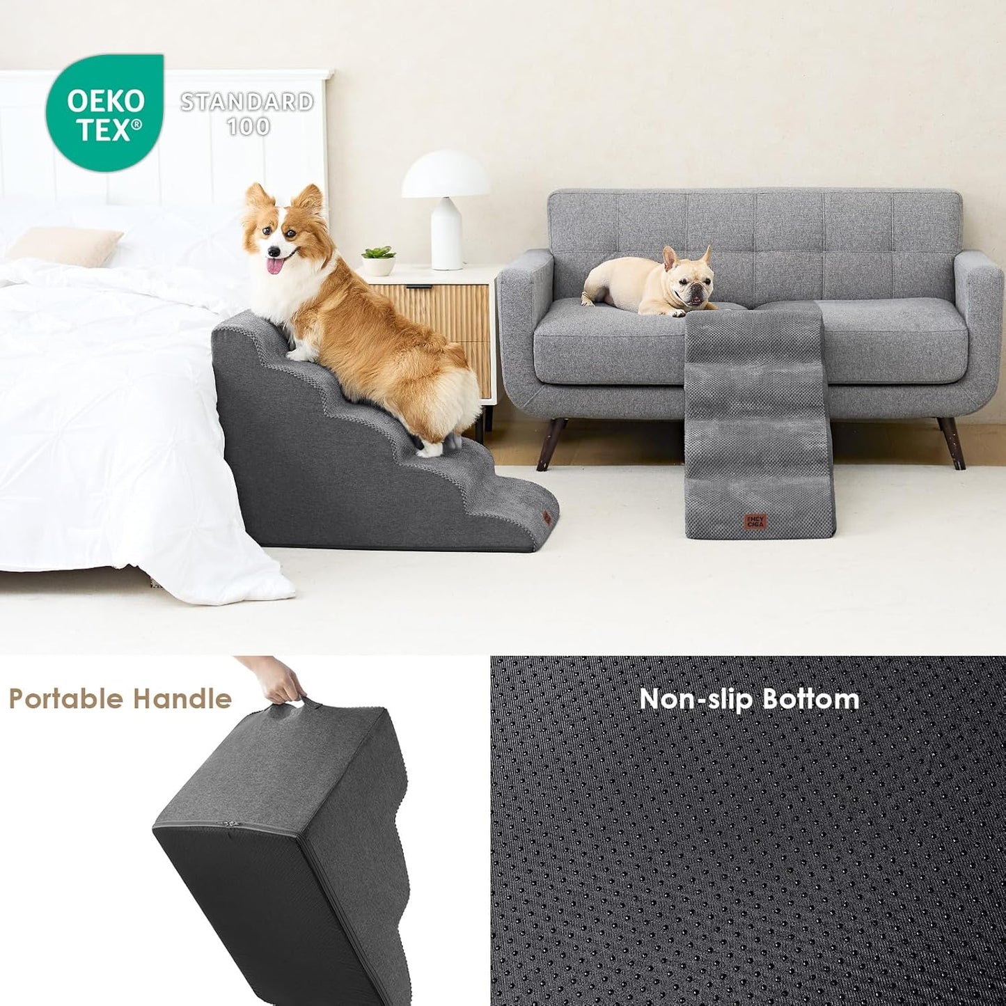 EHEYCIGA Curved Dog Stairs Ramp for High Beds 19.7" H, 4-Step Dog Steps for Small Dogs and Cats, Pet Stairs for High Bed Climbing, Non-Slip Balanced Pet Step Indoor, Grey