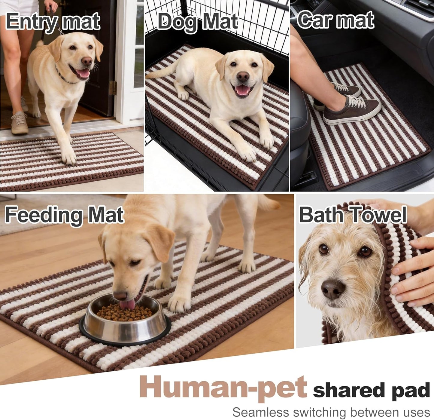 pobopobo Dog Door Mat for Muddy Paws - Absorbent & Washable Chenille Rug, Non-Slip Dirt Trapper for Indoor Outdoor Entryway, Quick Dry Pet Mat for Muddy Dogs (Striped Gray-Blue&White, 24" x 16")
