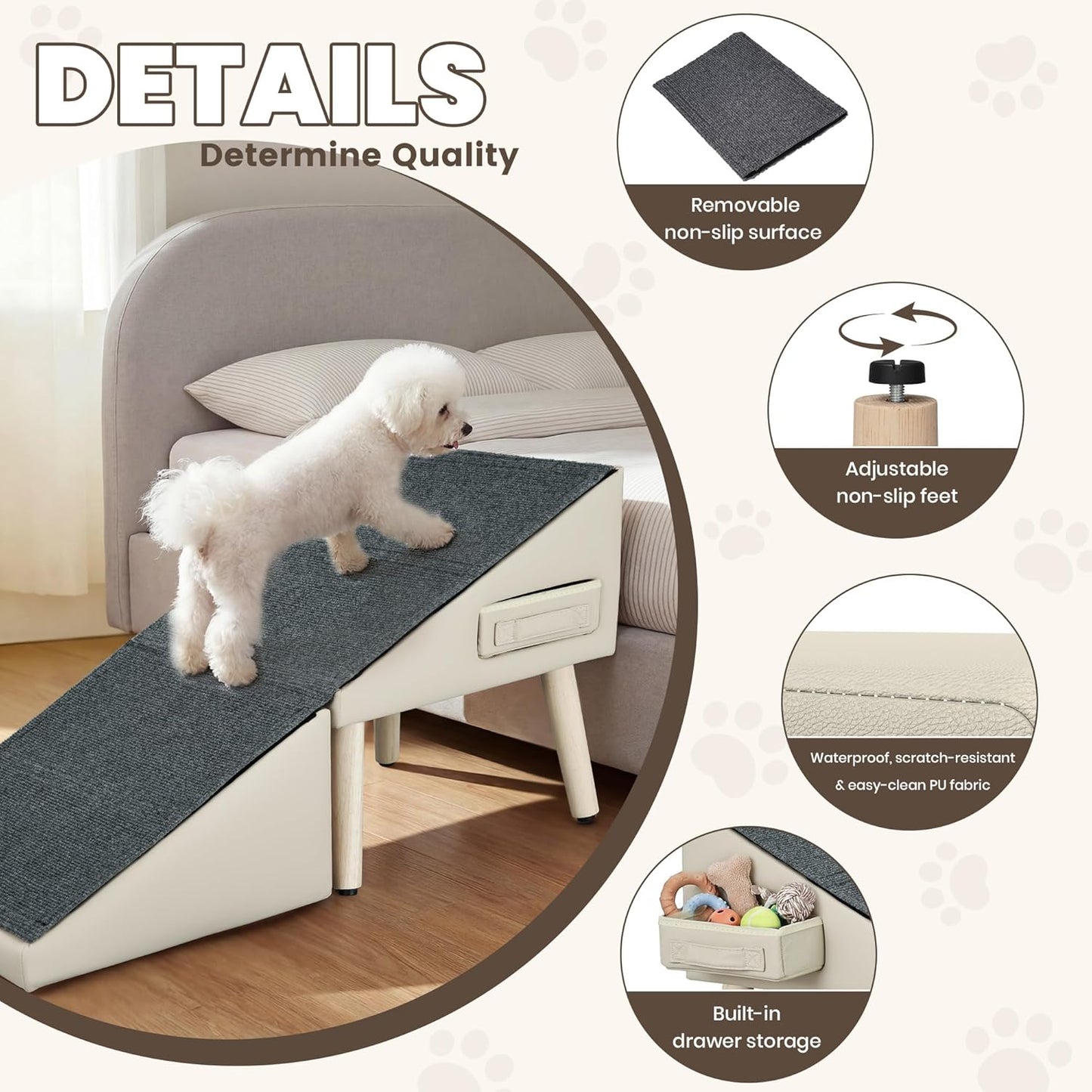Dog Ramp for Couch and Bed, 17" H Stairs for Small to Medium Dogs and Cats Foldable Steps for Pets to Get on High Bed, Non-Slip Sturdy Ottoman Ramp with Storage Drawer, Brown