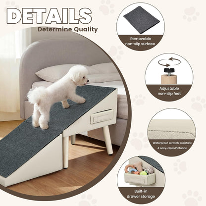 Dog Ramp for Couch and Bed, 17" H Stairs for Small to Medium Dogs and Cats Foldable Steps for Pets to Get on High Bed, Non-Slip Sturdy Ottoman Ramp with Storage Drawer, Brown