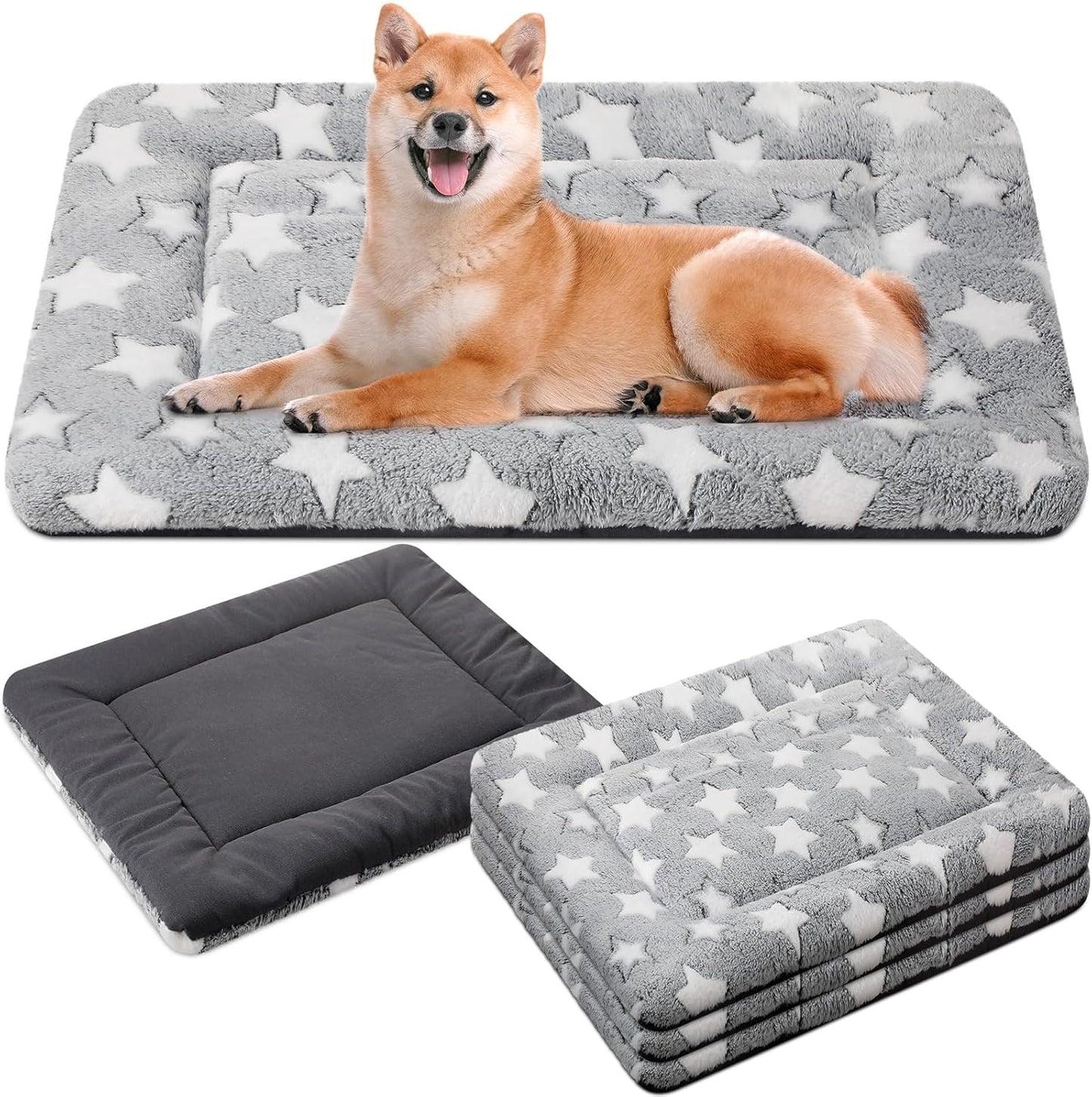 VitalCozy 4 Pcs Dog Crate Pads, Ultra Soft Warm Washable Anti-Slip Kennel Bed Mat for Pets, Reversible, Replaceable, Cage Liner for Small Medium Large Dogs and Cats (18 x 24 x 1.6 Inch,Star,Gray)