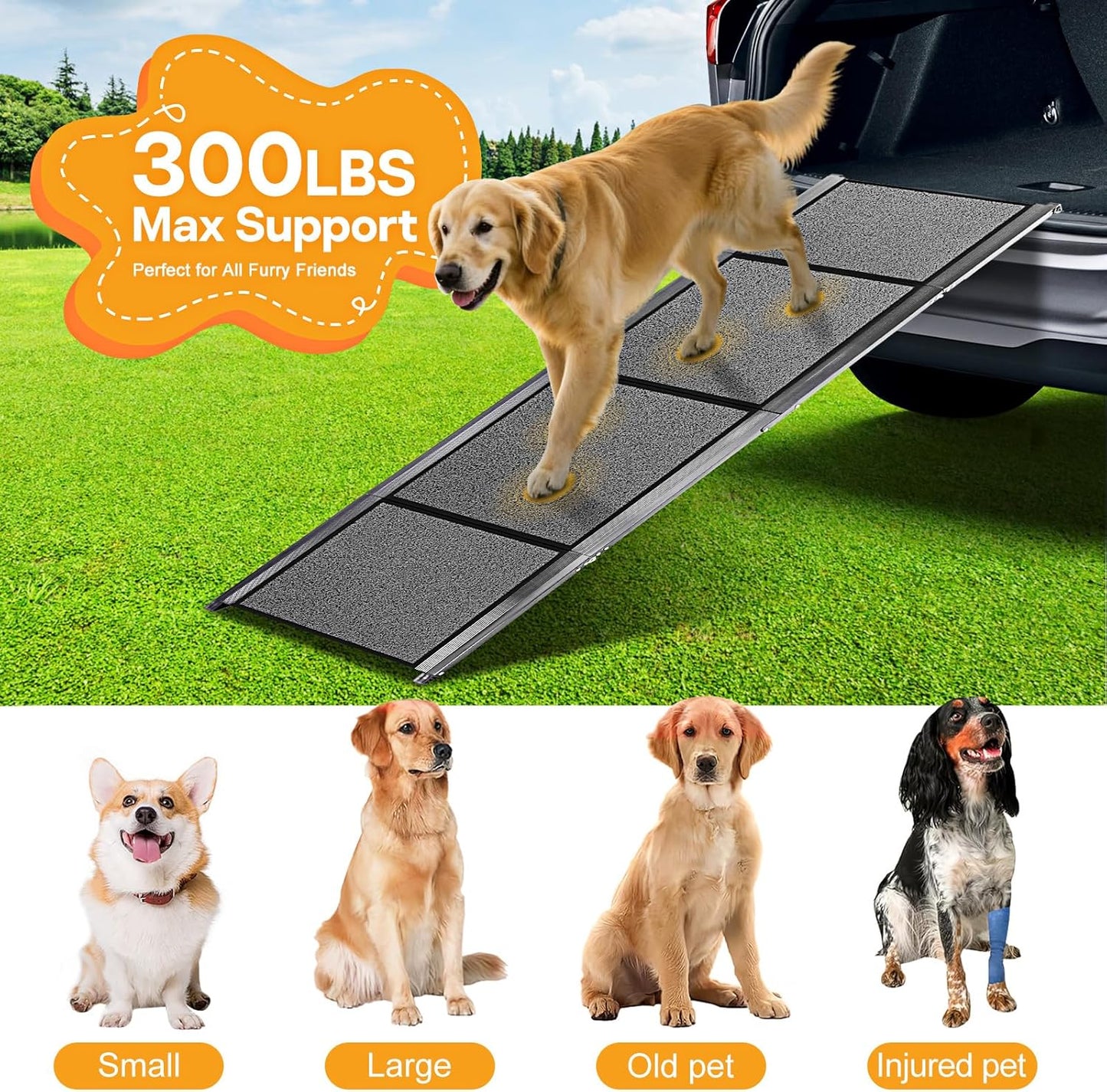 Dog Ramps for Large Pets, 67" L & 17" W Extra Wide Foldable Aluminum Pet Ramp with Waterproof & Non-Slip Rug Surface, Up to 250lbs for Giant Dogs for SUV, Truck, Bed, Stairs, Indoor & Outdoor