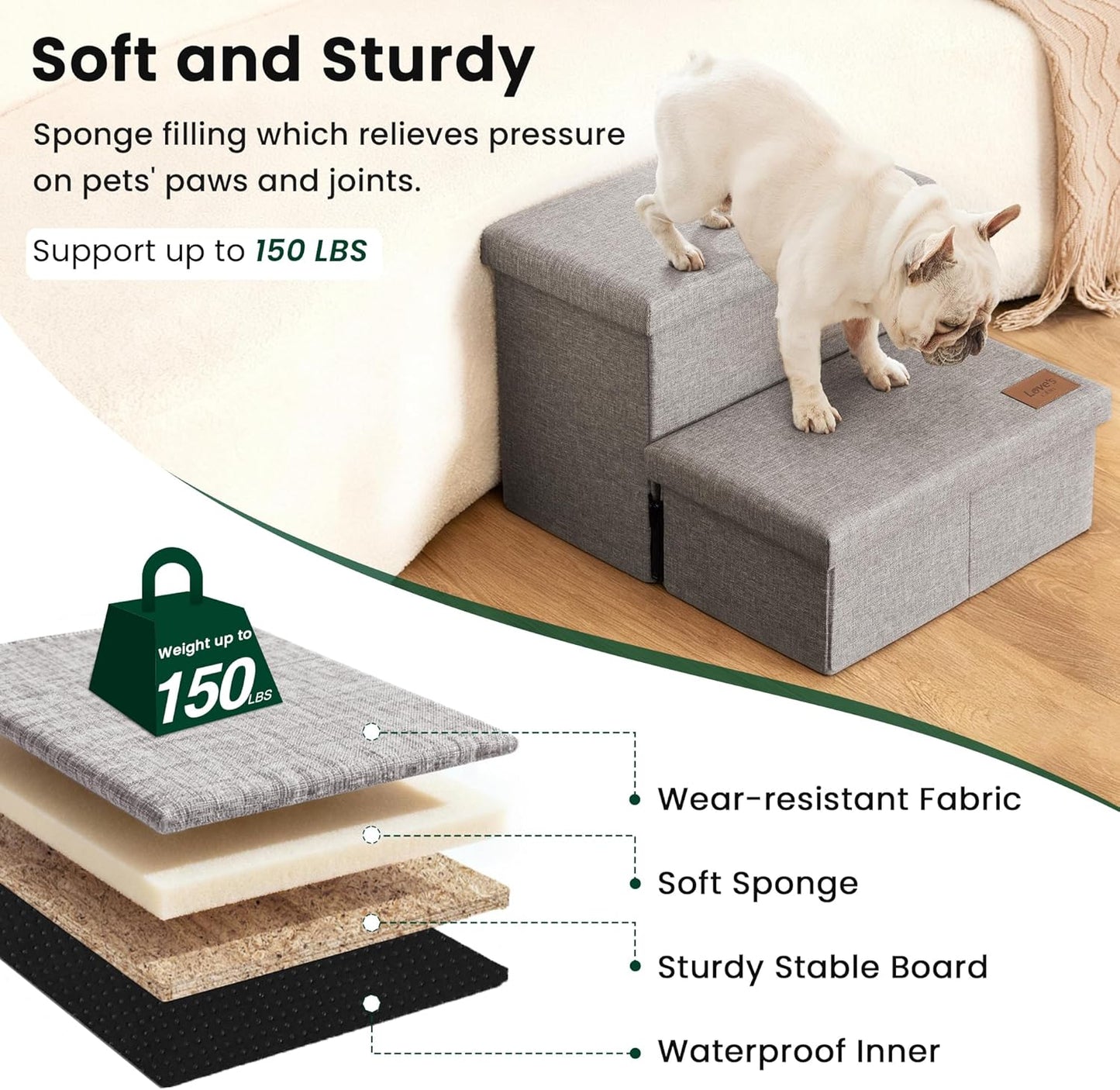 Love's cabin Dog Stairs with Storage 13" H, Foldable Pet Stairs for Small Medium or Large Dogs, Cat Puppy Steps Ramp with Zip up to 150 lbs, Solid Grey, 2 Steps