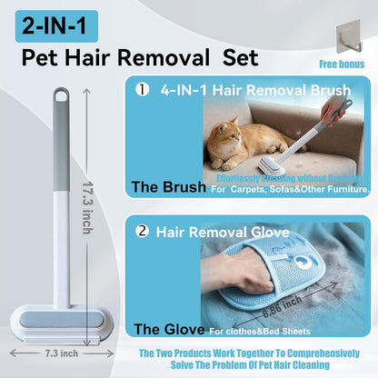Magic pet Hair Remover Set for Dogs & Cats, Includes 4-in-1 Extended Handle Hair Brush, Hair Glove & Free Metal Storage Hook, Works Great on couches, Carpets, Furniture, car Seats and Hard Surfaces.