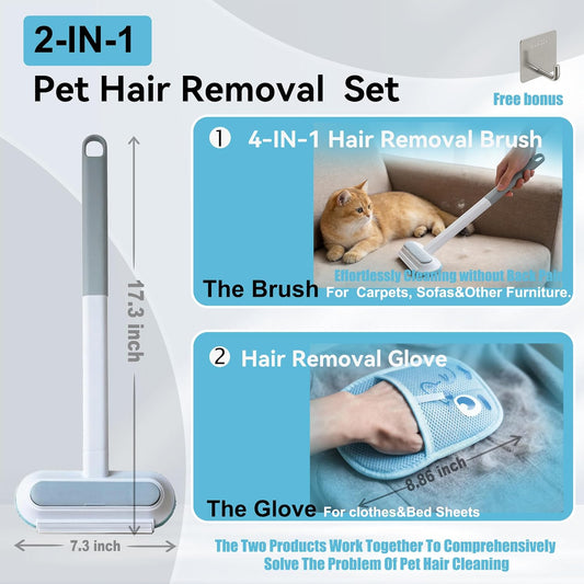 Magic pet Hair Remover Set for Dogs & Cats, Includes 4-in-1 Extended Handle Hair Brush, Hair Glove & Free Metal Storage Hook, Works Great on couches, Carpets, Furniture, car Seats and Hard Surfaces.