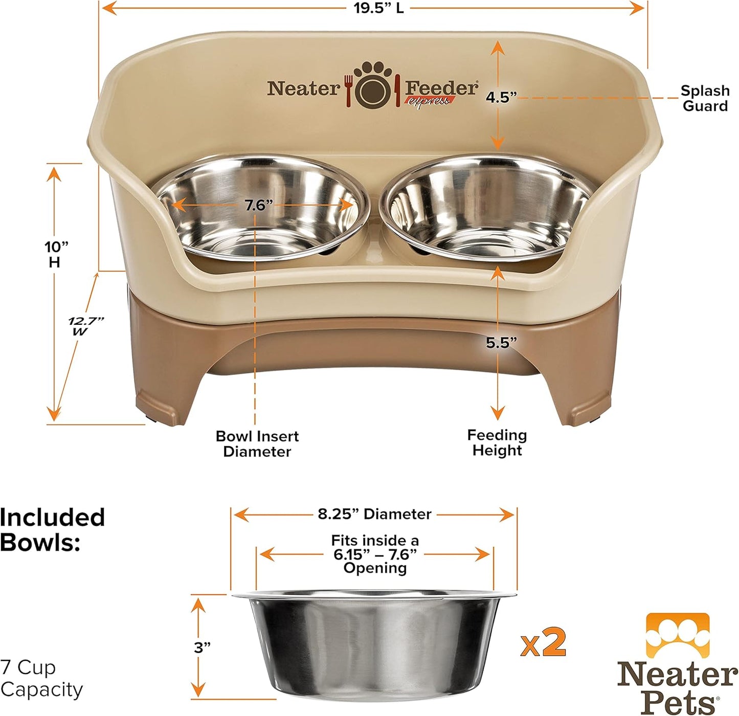 Neater Feeder Express Mess Proof Dog Bowls Elevated for Small Breeds under 15 Lb, Made in USA, No Spill Raised Dog Food Bowl Stand, Stainless Steel Food and Water Bowl Set, Feeding Station, Cappuccino