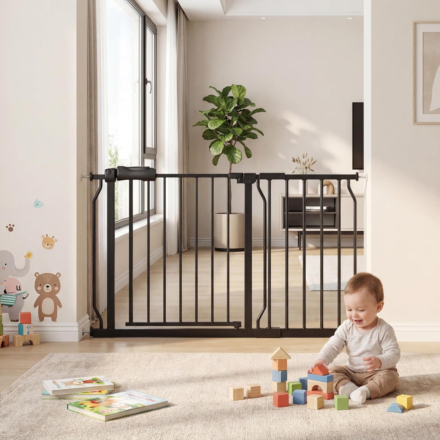 Extra Wide Baby Gate Tension Indoor Safety Gates Black Metal Large Pressure Mounted Pet Gate Walk Through Long Safety Dog Gate for The House Doorways Stairs (62.2"-66.93"/158-170CM, Black)