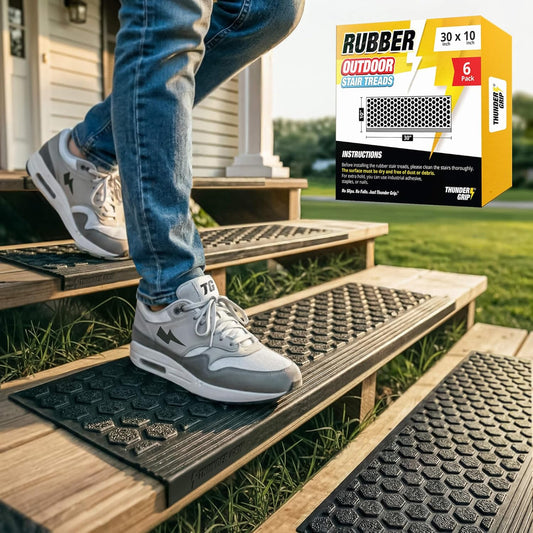 Rubber Stair Treads Outdoor 48"x10" 4-Pack - Heavy-Duty Outdoor Stair Treads Non-Slip Weather Resistant - Exterior Rubber Mats for Wooden Steps - Anti Slip Step Covers by Thunder Grip