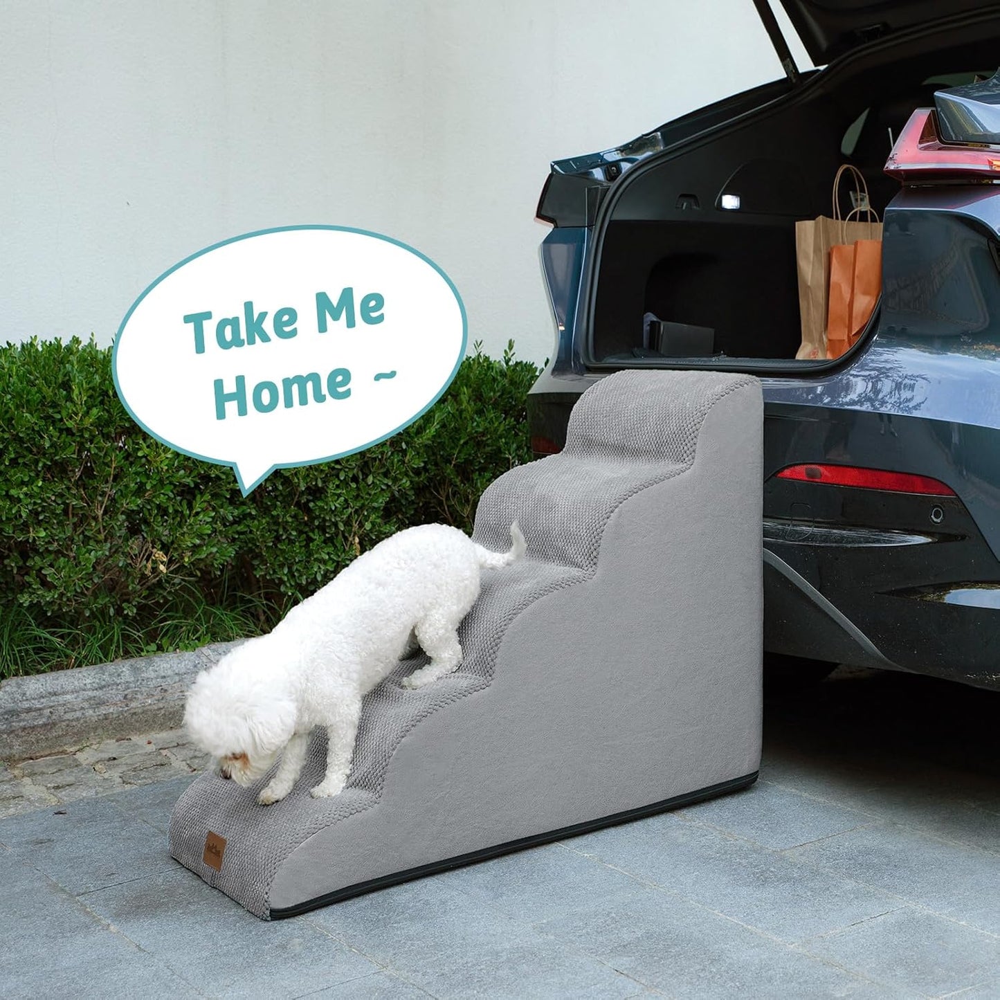 COZY KISS Dog Stairs for Small Dogs 15.7" H, Curved Dog Step for Puppy, Older Cat, Medium Pet Ramp for Sofa, Couch or Chair, Ladder with High Density Foam, 3 Step, 15.7x22.4x15.7 inch, Beige