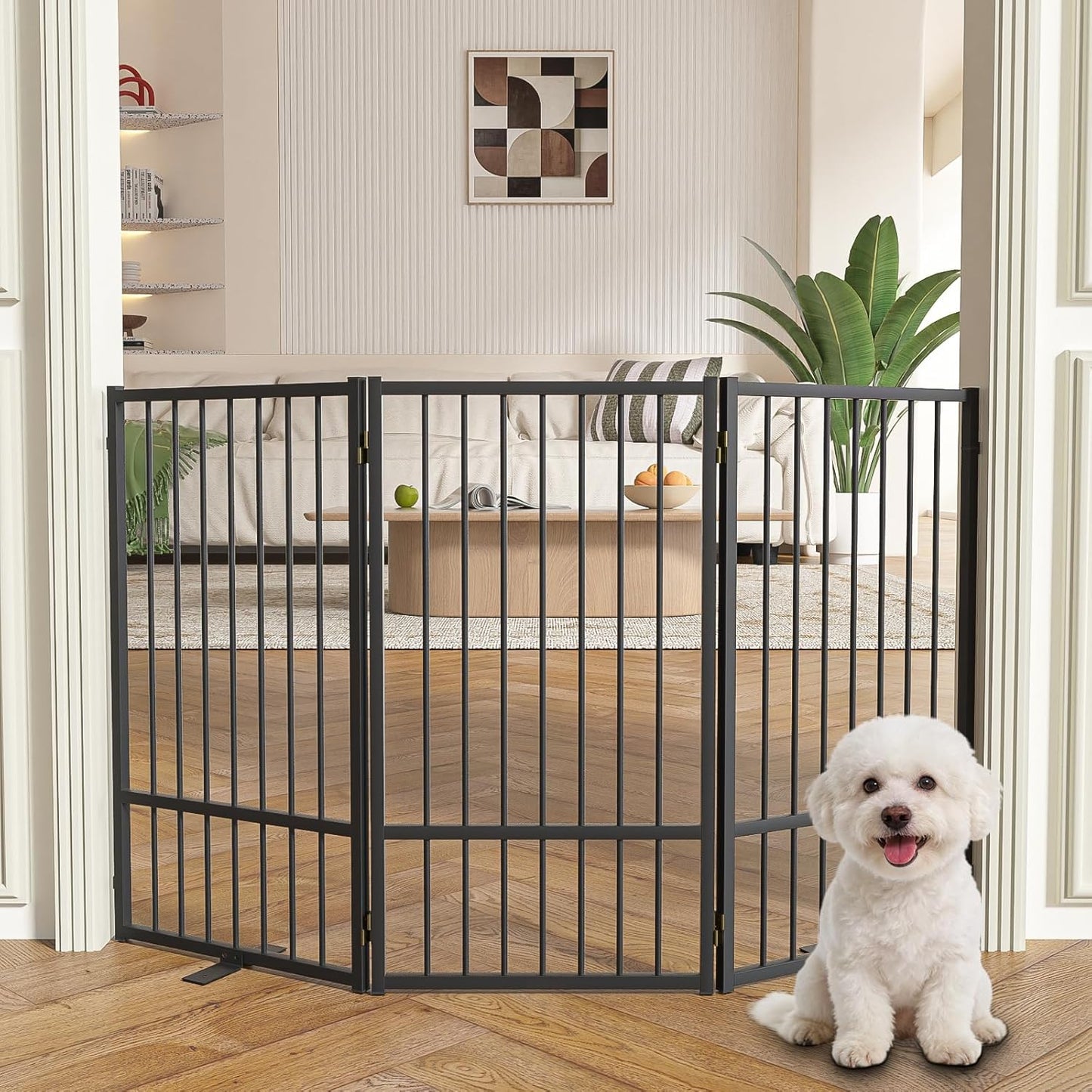 SNUOWU Full Metal Freestanding Dog Gate with Door, 32''Height Foldable Pet Dog Fence for Indoor & Outdoor, 4 Panels Extra Wide Free Standing TallDog Gates for Doorways,House,Stairs,Porch,Deck,Yard