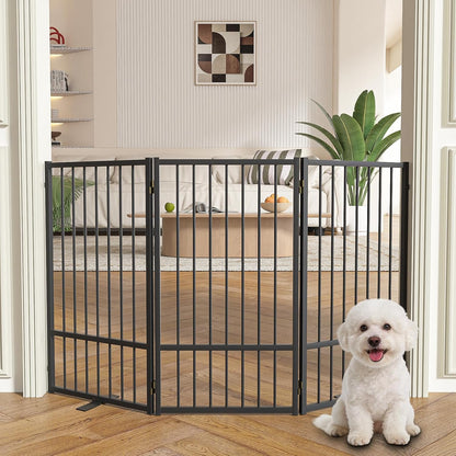 SNUOWU Full Metal Freestanding Dog Gate with Door, 32''Height Foldable Pet Dog Fence for Indoor & Outdoor, 4 Panels Extra Wide Free Standing TallDog Gates for Doorways,House,Stairs,Porch,Deck,Yard