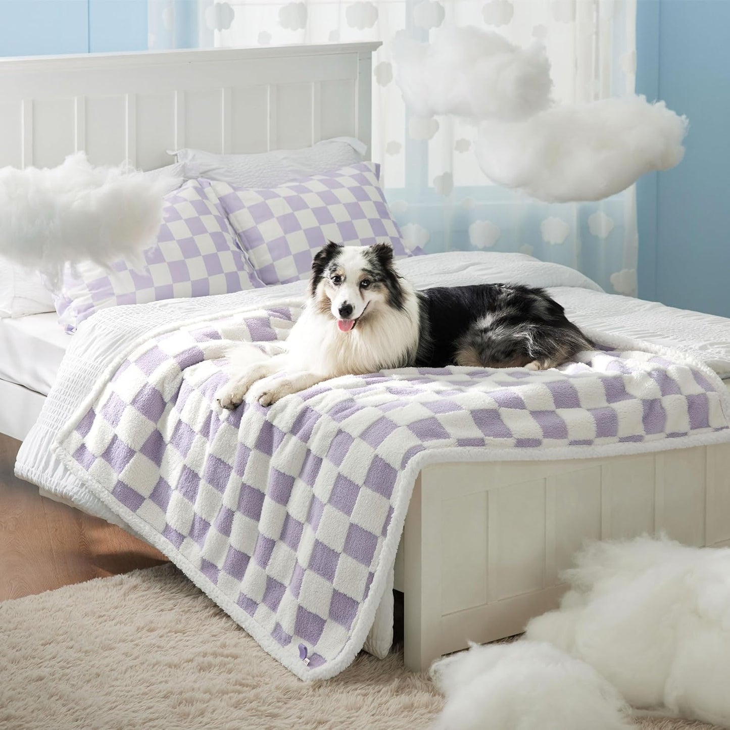 LE SURE Waterproof Dog Blanket for Large Dogs - Washable Double Sided Dog Blankets with Warm Jacquard Shag and Soft Sherpa Fleece, Pet Cat Blanket for Couch Protection, 3D Textured Cloud, Green