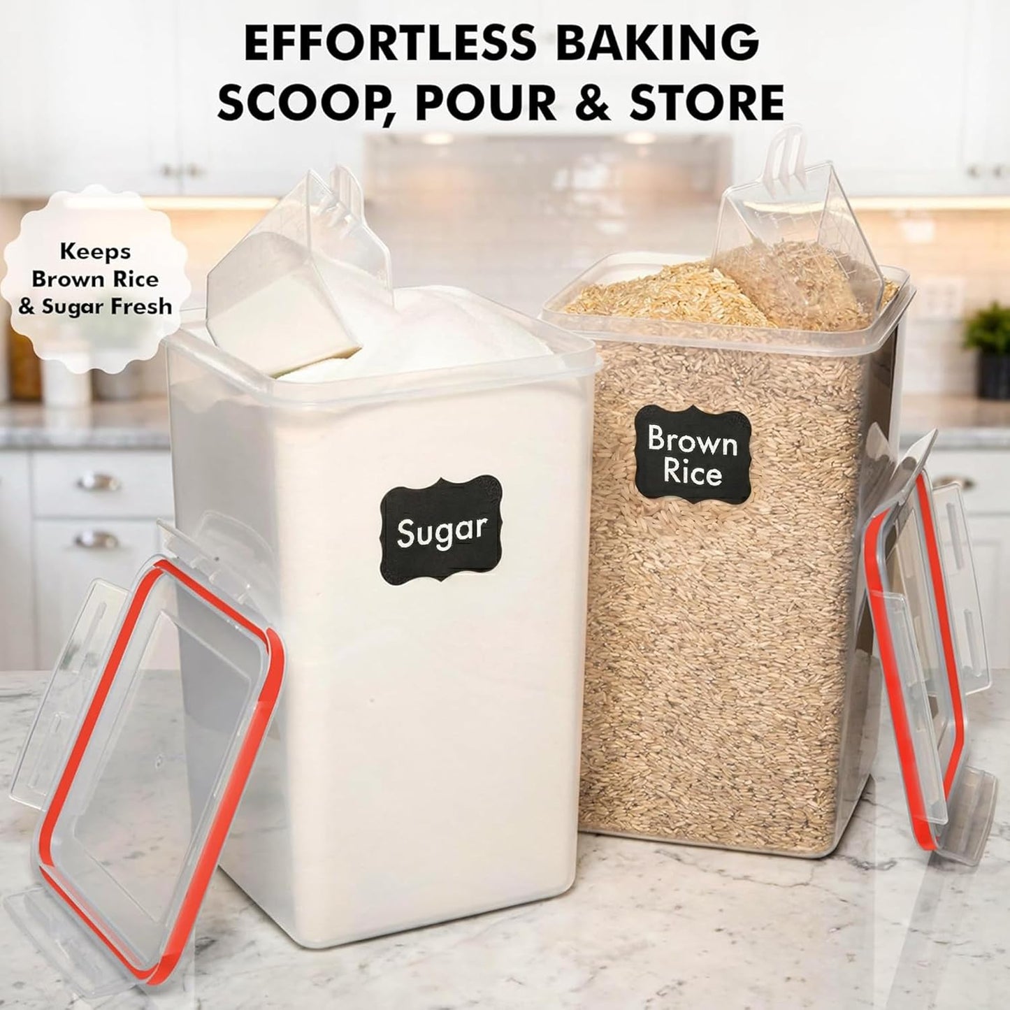 WHITE FEATHER SUPPLIES 2 PC [7 Qt / 6.5L / 220 Oz] Large Food Storage Containers with Lids Airtight - BPA Free Clear Plastic Kitchen and Pantry Storage Containers for Cereal, Flour, Sugar, Rice