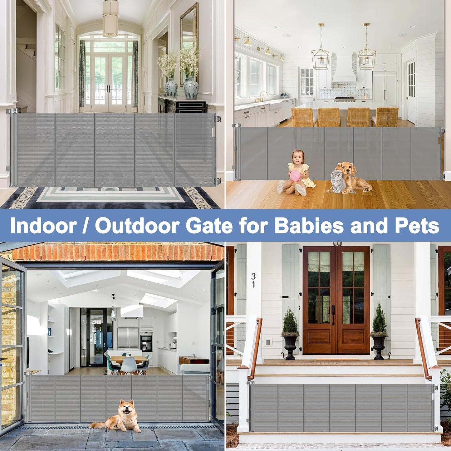 Reinforced 90 Inch Retractable Baby Gates Extra Wide Baby Gate with Reinforced Strips, 7.5ft Long Retractable Dog Gate for The House 33 Inch Tall Extra Long Pet Gates for Wide Openings, Black