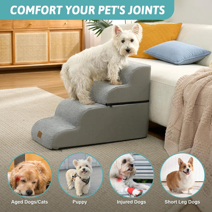 COZY KISS Extra Wide Dog Stairs with Tunnel, Foam Detachable Large Dog Step for Small Pet, Puppy or Cats, Medium Pet Ramp for High Bed, Couch, Sofa or Car, 19.7x33x22.4 inch, 5 Step, Beige