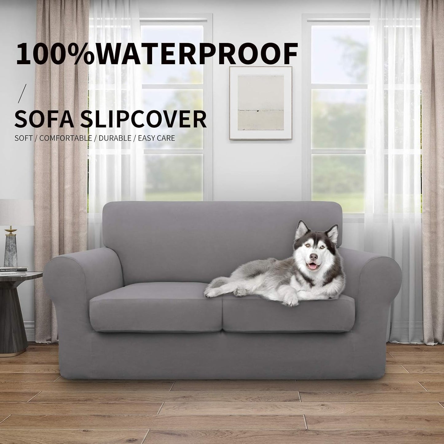 Easy-Going 100% Dual Waterproof 4 Pieces Stretch Soft Couch Cover for Dogs, Sofa Slipcover for 3 Separate Cushion Couch Leakproof Furniture Protector for Kids, Pets Dark Gray