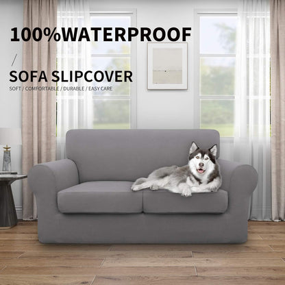 Easy-Going 100% Dual Waterproof 4 Pieces Stretch Soft Couch Cover for Dogs, Sofa Slipcover for 3 Separate Cushion Couch Leakproof Furniture Protector for Kids, Pets Dark Gray