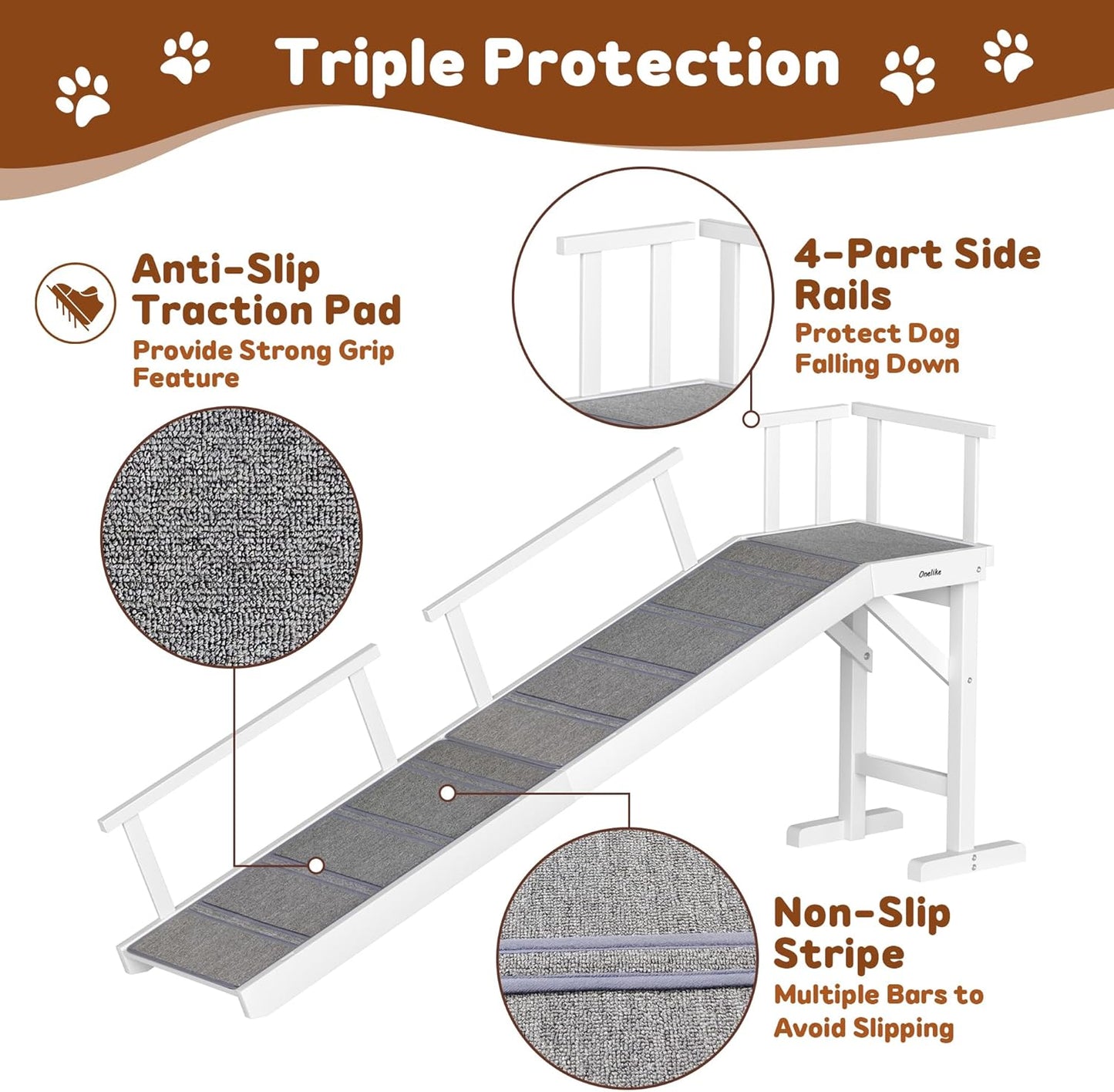 Onelike Wooden Dog Ramp for Bed with Removable Side Rail and Non-Slip Carpet, Stable Pet Ramp Stair for Couch Sofa for Small & Large & Senior Dogs, 74" Long Ramp Brown