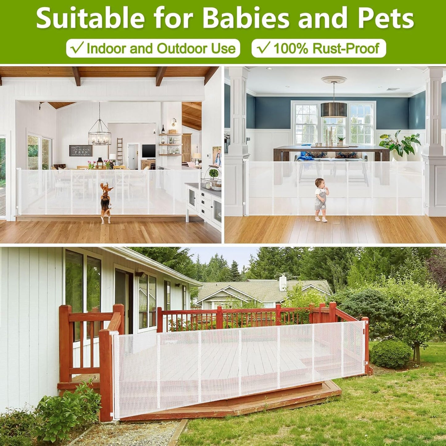 Reinforced 42" Tall Retractable Dog Gate, 155" Extra Long Retractable Baby Gate with Support Rods - Prevent Crawling Under, Indoor/Outdoor Retractable Gate Extra Tall Baby Gate Retractable Fence/Black