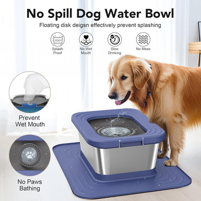 Decflow 10L Stainless Steel Dog Water Bowl, No Spill Anti-Splash Dog Bowls with XXL Silicone Mat, Spill-Proof Slow Feeder for Messy Drinkers, Heavy Duty Pet Bowls for Indoor/Outdoor Use Grey