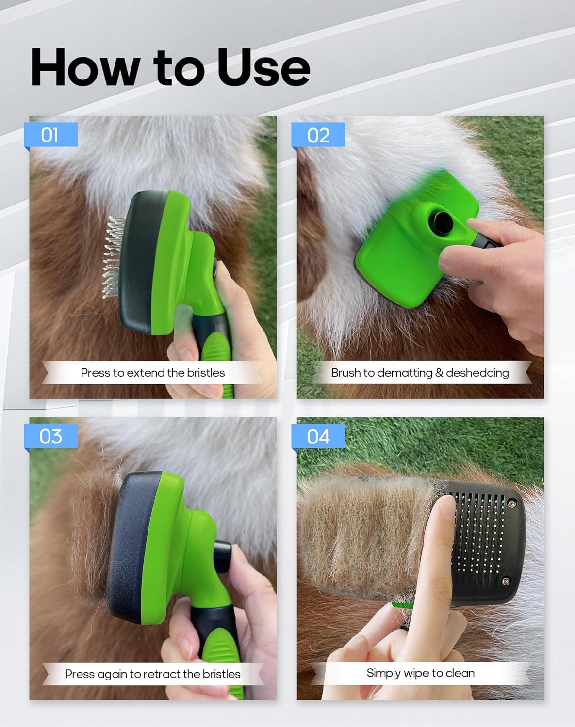 Self Cleaning Shedding Brush - Skin Friendly Grooming Tool for Dogs, Cats, and Puppies, Deshedding and Hair Removal for Long and Short Haired Pets (Green)