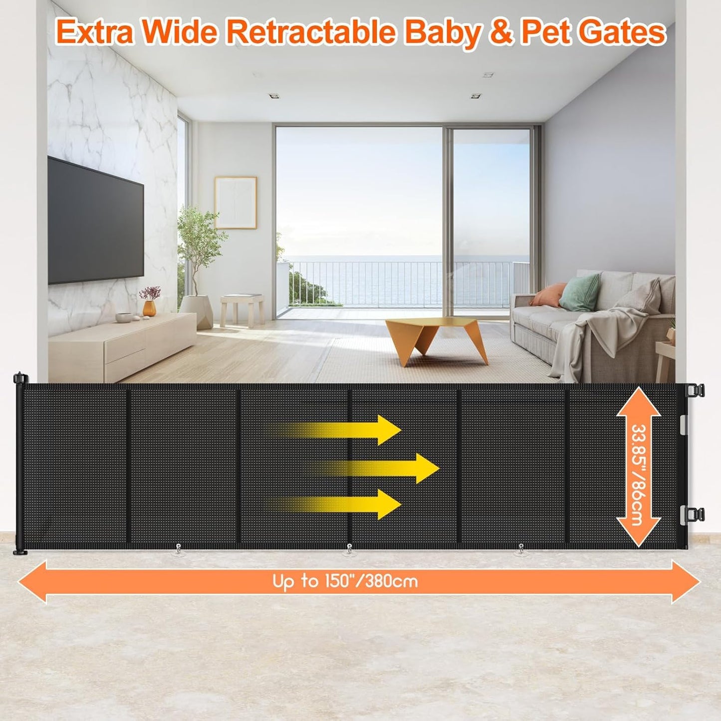 Upgrade 120 inch Retractable Baby Gates, EZIGO Extra Wide Baby Gate for Large Opening Extra Long Mesh Gate for Kids or Pet Dog Gate Child Safety Gate for Stairs Hallways Doorway Indoor Outdoor, Gray