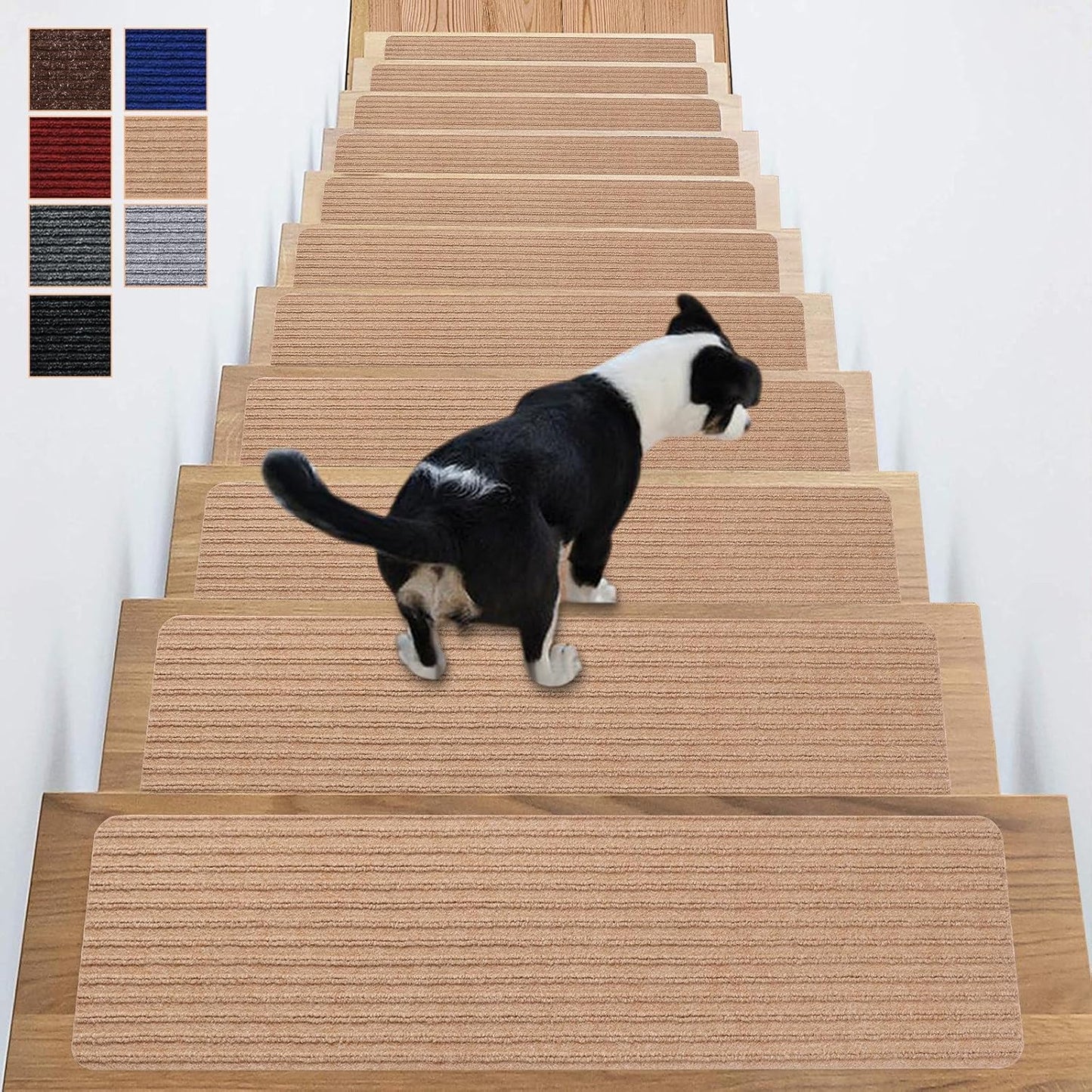 Stair Treads Non-Slip 16 Pack 8"x30" - Carpet Stair Runner for Indoor Wooden Steps with TPE Backing & Anti-Skid Surface, Reusable Adhesive Safety Rug for Kids/Elder/Pet-Friendly - Brown