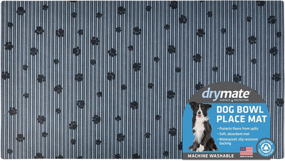 Drymate Pet Bowl Placemat, Dog & Cat Food Feeding Mat - Absorbent Fabric, Waterproof Backing, Slip-Resistant - Machine Washable/Durable (USA Made) (12” x 20”) (Indigo)