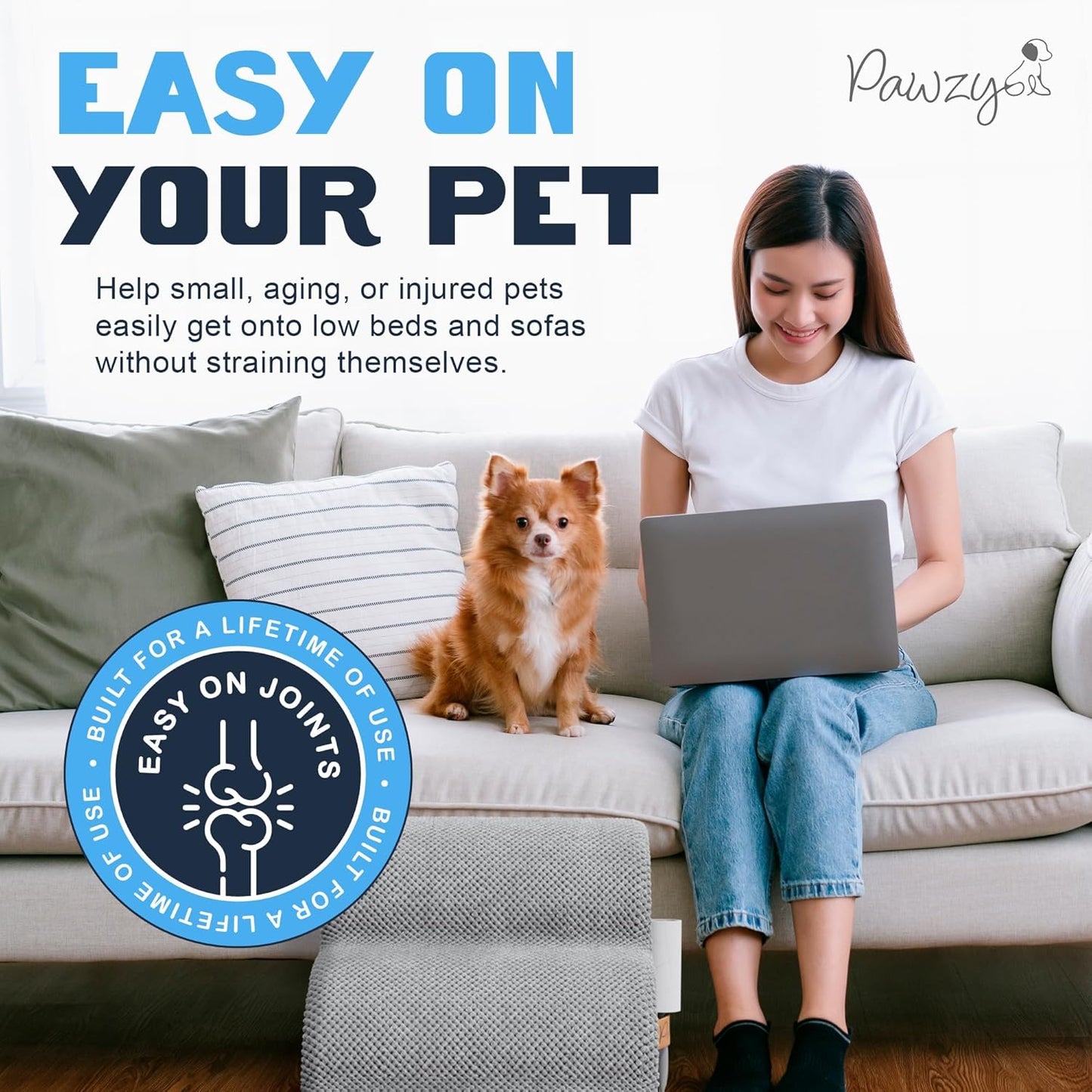 PAWZY Dog Stairs for Medium-Height Beds & Couches, 3-Step Foam Pet Steps 15.5” High for Small Dogs & Cats up to 60 lbs, Wide Non-Slip, Waterproof Washable Zipper Cover, No Assembly, Grey