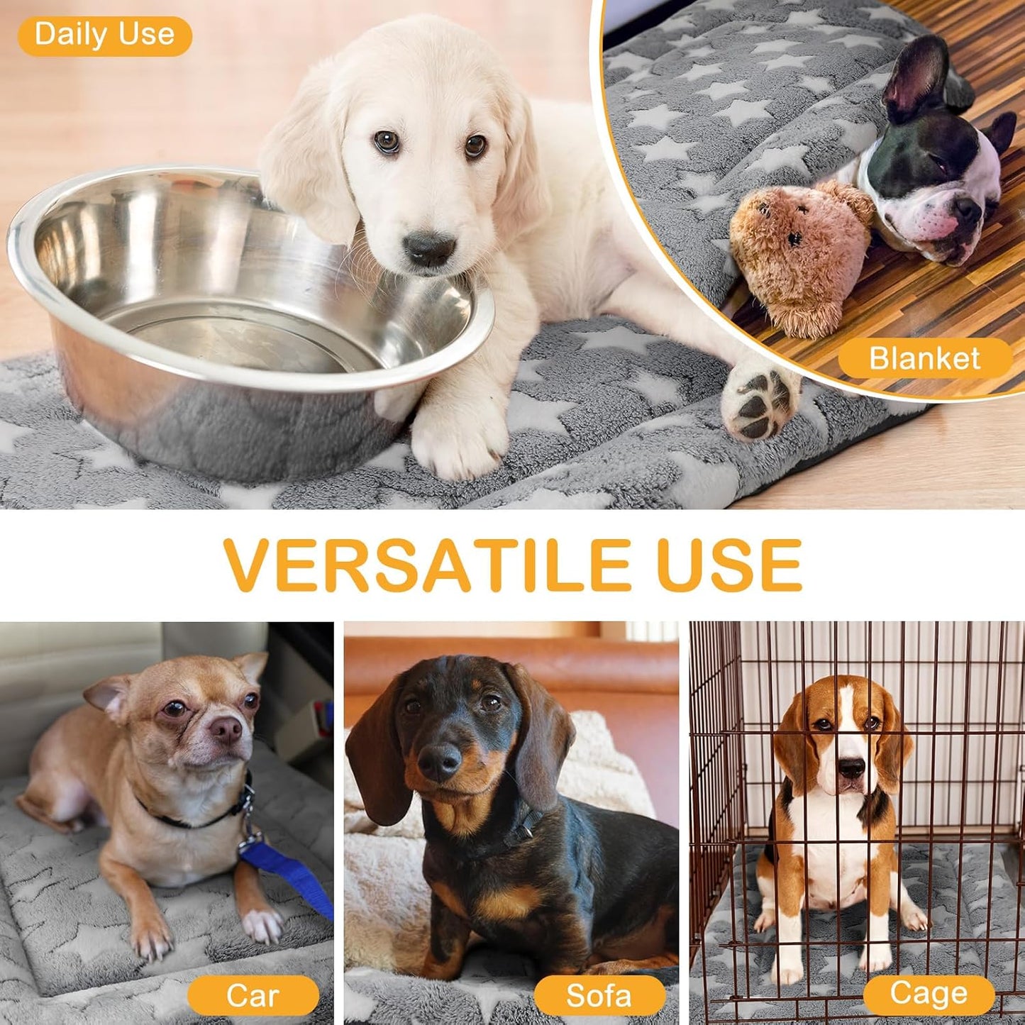 VitalCozy 4 Pcs Dog Crate Pads, Ultra Soft Warm Washable Anti-Slip Kennel Bed Mat for Pets, Reversible, Replaceable, Cage Liner for Small Medium Large Dogs and Cats (18 x 24 x 1.6 Inch,Star,Gray)