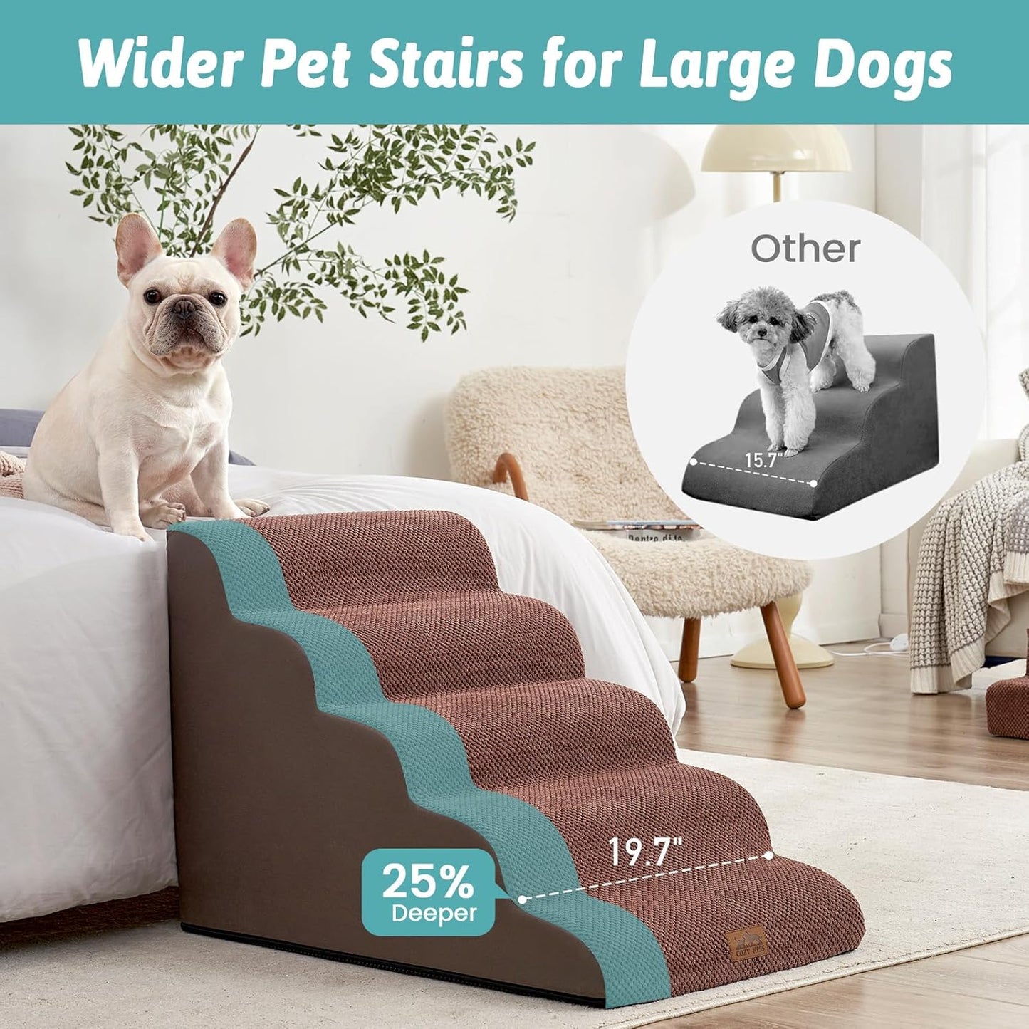 COZY KISS Extra Wide Dog Stairs with Tunnel, Foam Detachable Large Dog Step for Small Pet, Puppy or Cats, Medium Pet Ramp for High Bed, Couch, Sofa or Car, 19.7x33x22.4 inch, 5 Step, Beige
