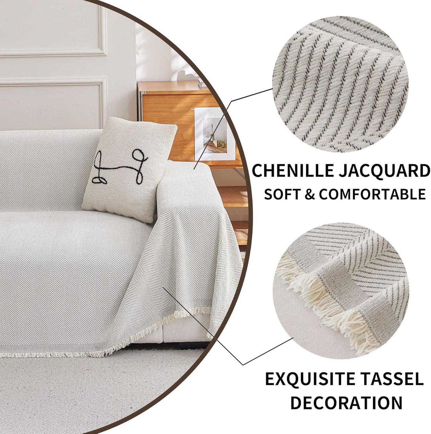 HAOMAIJIA Non Slip Couch Cover Sofa Covers for 3 Cushion Couch Washable sectional Couch Covers for Dogs pet Furniture Protector Couch Cover Blanket for Living Room (Off White, 91"x134")