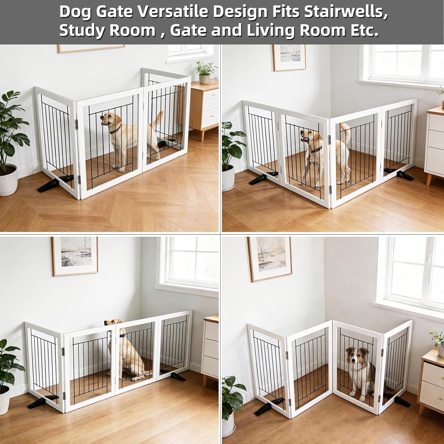 ZJSF Freestanding Dog Gate Indoor, Foldable Dog Fence for Doorways,Hallways or Stairs, Sturdy Wood Extra Wide Pet Gate with Support Feet,Black,24 "Height-3 Panels