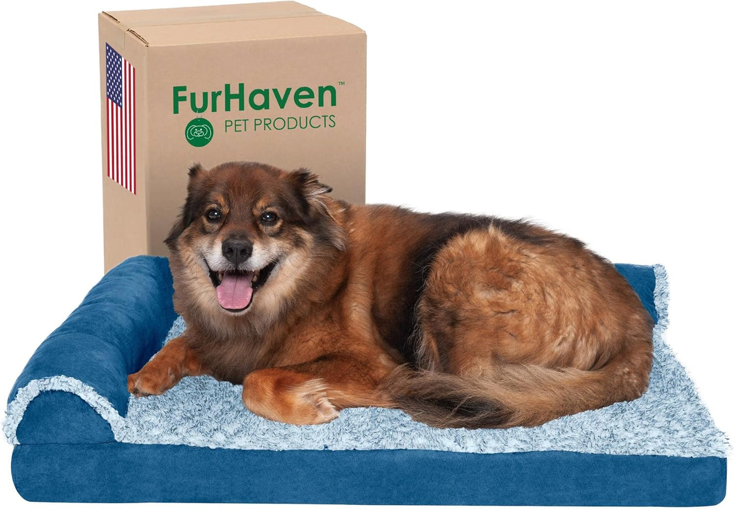 Furhaven Memory Foam Dog Bed for Large Dogs w/ Removable Bolsters & Washable Cover, For Dogs Up to 95 lbs - Two-Tone Plush Faux Fur & Suede L Shaped Chaise - Espresso, Jumbo/XL