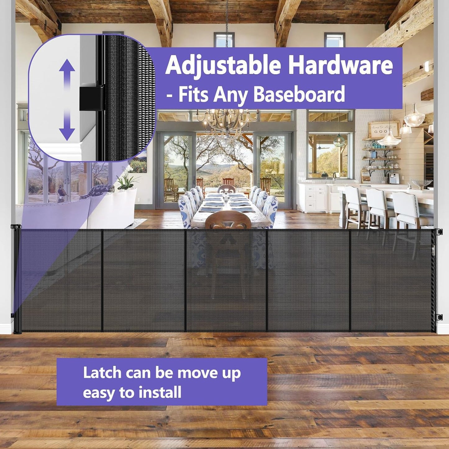 Reinforced 42" Tall Retractable Dog Gate, 155" Extra Long Retractable Baby Gate with Support Rods - Prevent Crawling Under, Indoor/Outdoor Retractable Gate Extra Tall Baby Gate Retractable Fence/Black