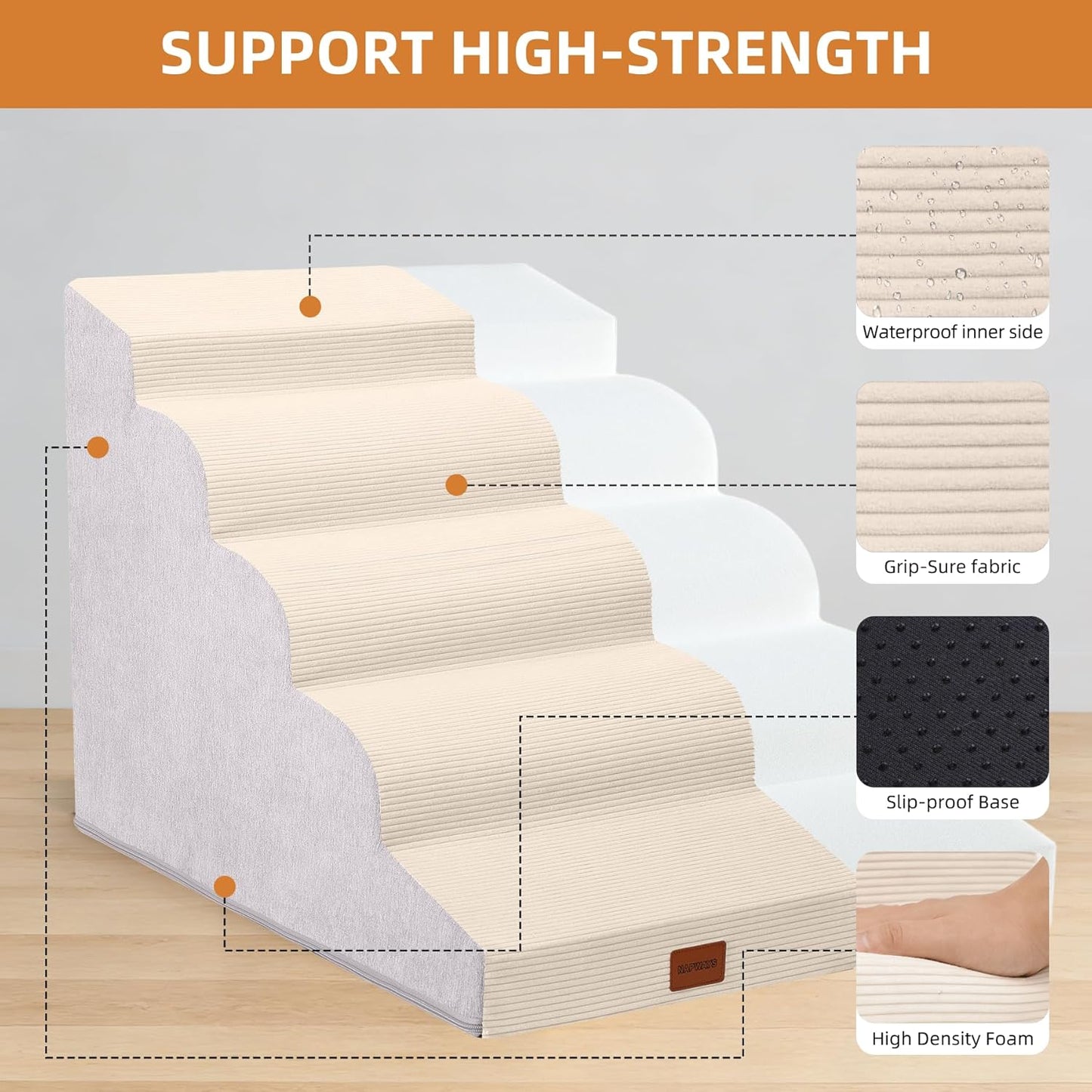 Dog Stairs for Small Dogs and Cats, 15.7" H, 3-Step Curved Pet Ramp for Couch Sofa and Chair, Non-Slip Medium Pet Steps with High Density Foam, Beige