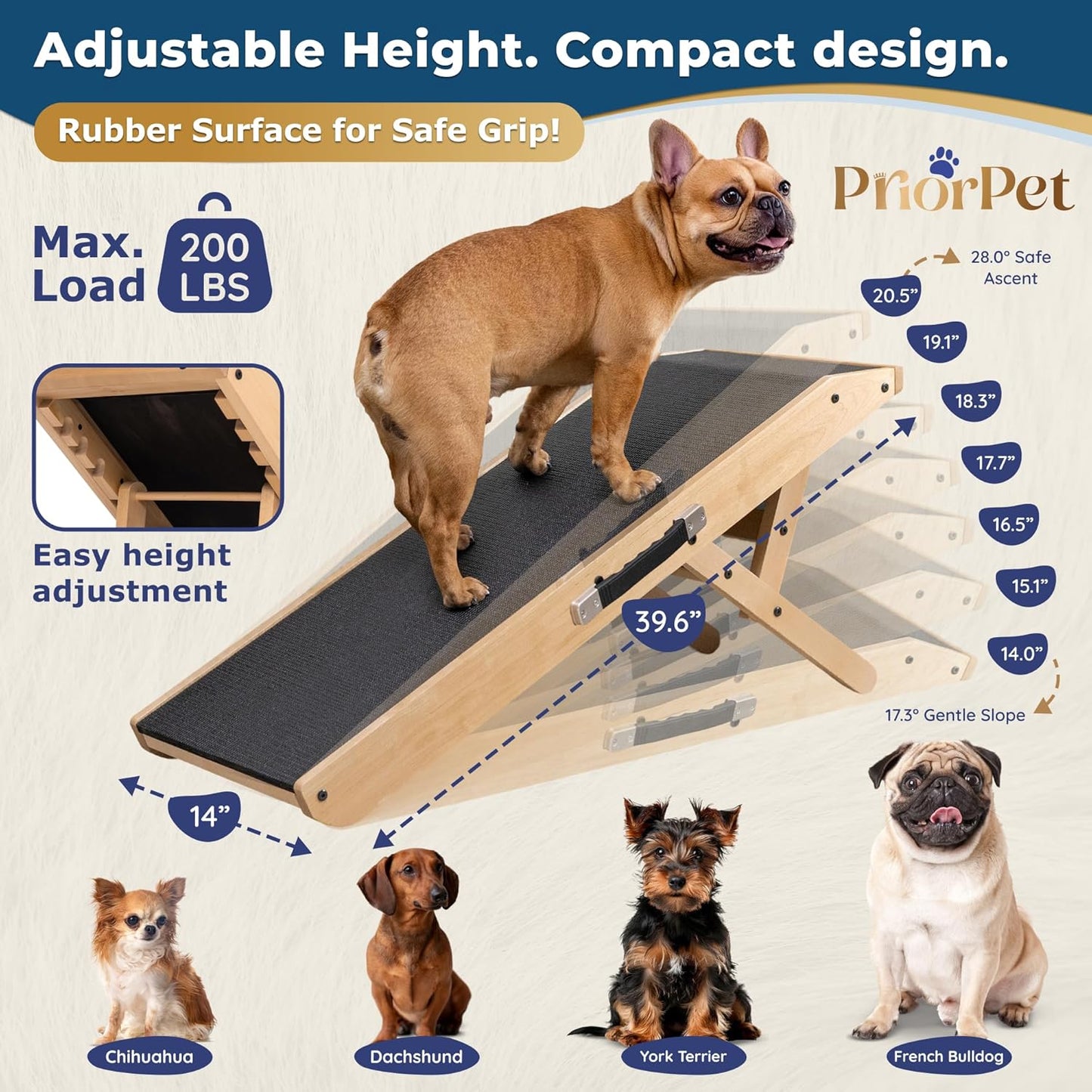 Dog Ramp for Couch – Non-Slip, Sturdy Build Foldable Wooden Dog Ramp – Supports up to 200 lbs – 7 Adjustable Heights (14"–20.5") – Enhanced Stability – Birchwood Pet Ramp for Small Dogs – Gray