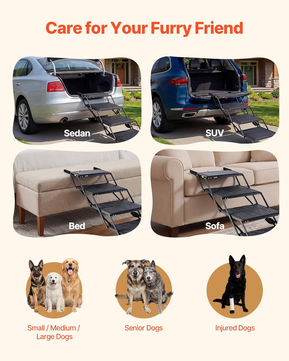 VEVOR Dog Stairs for Car, 4 Steps Extra Wide Foldable Dog Ramp for Large Dogs with Non-Slip Rug Surface, Portable Lightweight Pet Ladder for Car, SUV, Truck, High Beds, Sofas, Support up to 200 lbs