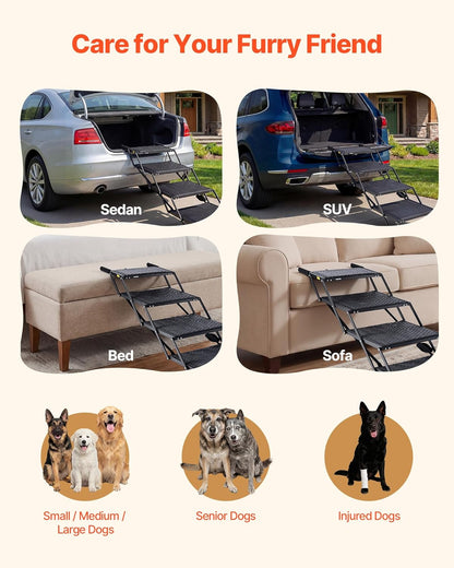 VEVOR Dog Stairs for Car, 4 Steps Extra Wide Foldable Dog Ramp for Large Dogs with Non-Slip Rug Surface, Portable Lightweight Pet Ladder for Car, SUV, Truck, High Beds, Sofas, Support up to 200 lbs