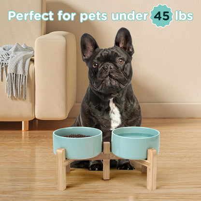 SPUNKYJUNKY Elevated Dog Bowls Ceramic, 6.1'' Dogs and Cat Food Water Bowls Raised with Non-Slip Bamboo Stand for Medium Sized Breed Microwave Dishwasher Safe - 28.7 OZ,Beige