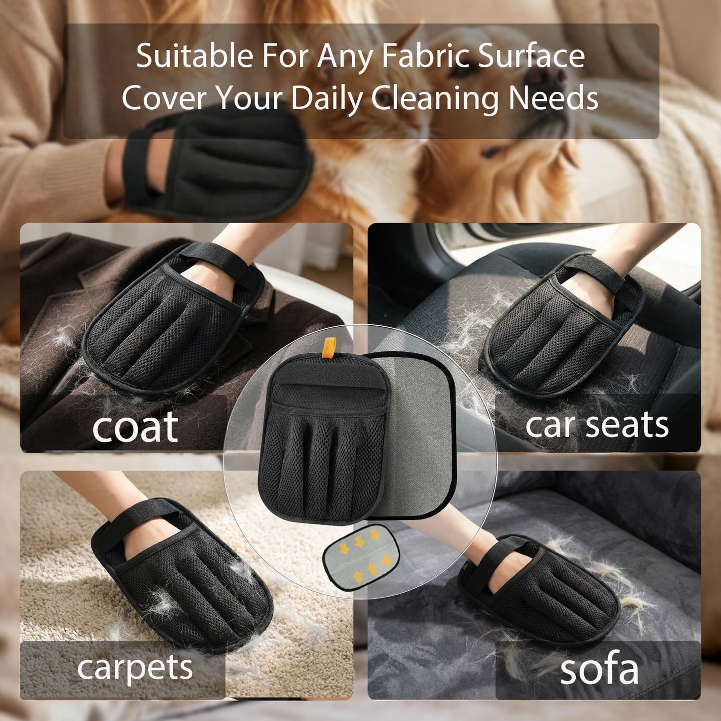 Roller Pet Hair Remover，Self Cleaning Shedding Brush，Cat Brush for Shedding, Pet Hair Removal Glove for Dogs & Cats, Gently Remove Fur from Furniture, Laundry, Carpet & Car Seats，3 Piece Set (Yellow)