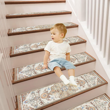 Pauwer Carpet Stair Treads for Wooden Steps Indoor 15 Pack 8" X 30" Peel and Stick Stair Treads Non Slip Staircase Step Treads Reusable Stair Runner Rugs for Dogs, Kids and Elders