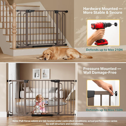 Cumbor 36.6-64" Extra Wide Baby Gate for Stairs, Dog Gates for Doorways, Auto-Close Pet Gate Indoor, Pressure Mounted Walk Through Safety Child Gate for Kids Toddler, Tall Pet Puppy Fence Gate, Brown