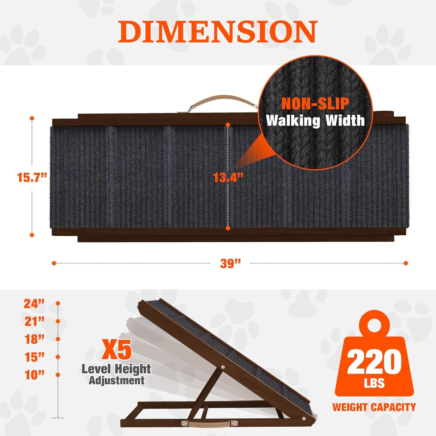 Adjustable Dog Ramp for Bed - 34" Long Foldable Wooden Ramp for Dogs to Get on Bed, Couch, or Car with 12.6" Wide Walking Space (Natural Wood with Gray Carpet)