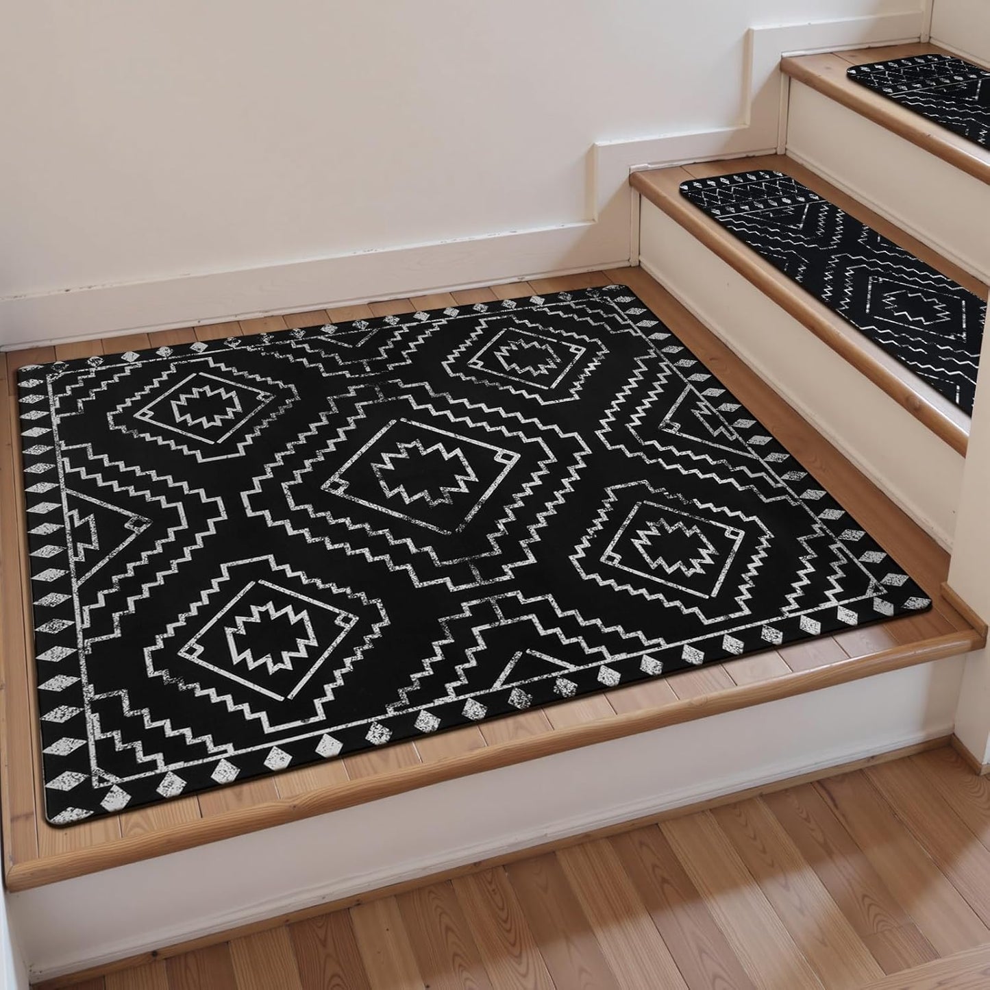 OJIA Boho Stair Treads Non-Slip Stair Runners for Wooden Steps Indoor 15PCS 30"x8" Washable Carpet Stair Treads Stair Mats Staircase Step Treads for Kids, Elders and Dogs, Stair Covers, Black