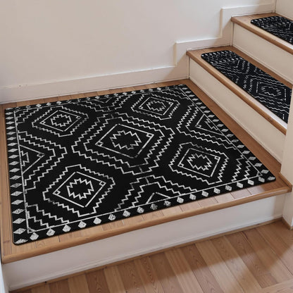 OJIA Boho Stair Treads Non-Slip Stair Runners for Wooden Steps Indoor 15PCS 30"x8" Washable Carpet Stair Treads Stair Mats Staircase Step Treads for Kids, Elders and Dogs, Stair Covers, Black