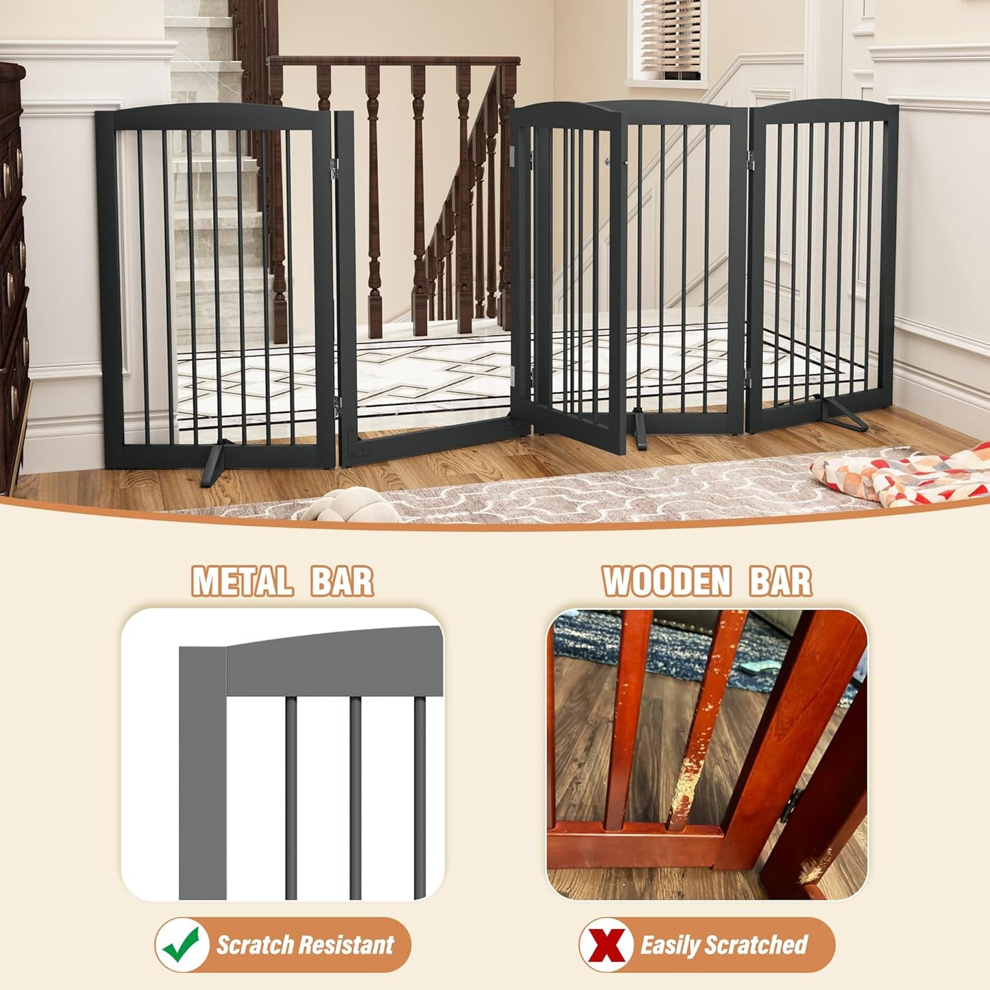 PUPETPO Freestanding Dog Gate with Door, Pet Gate for Stairs, 80 inch Wide Pet Barrier Indoor, Dog Fences Indoor, Support Feet Included, 4 Panels, 24" Tall, Dark Brown