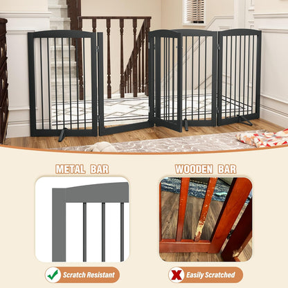PUPETPO Freestanding Dog Gate with Door, Pet Gate for Stairs, 80 inch Wide Pet Barrier Indoor, Dog Fences Indoor, Support Feet Included, 4 Panels, 24" Tall, Dark Brown